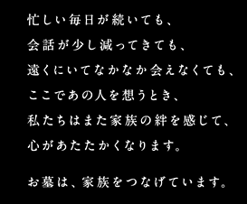 忙しい毎日が続いても、会話が少し減ってきても、遠くにいてなかなか会えなくても、ここであの人を想うとき、私たちはまた家族の絆を感じて、ここをがあたたかくなります。お墓は、家族をつなげています。